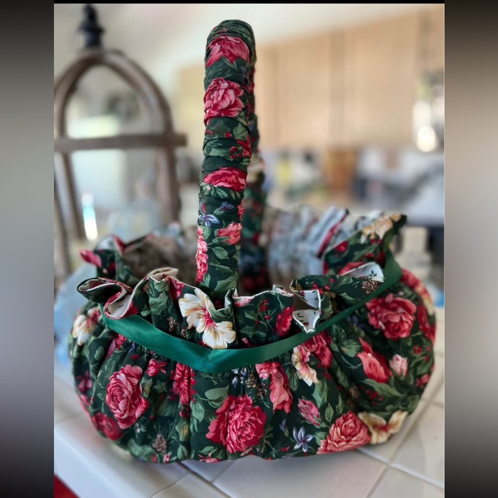 HAND CRAFTED Floral Fabric Basket Dk Green & Burgundy with Coordinating Interior